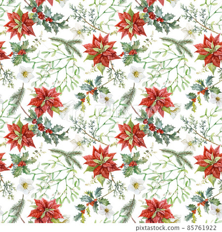 Beautiful vector floral christmas seamless pattern with hand drawn watercolor winter flowers such as red poinsettia holly. Stock 2022 winter illustration. 85761922