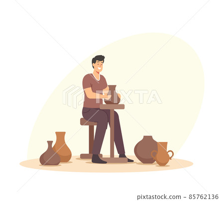 Handcrafted Master Class, Creative Occupation. Happy Man Making Pot on Rotating Wheel during Pottery Workshop, Hobby Handcrafted Master Class, Creative Occupation. Happy Man Making Pot on Rotating Wheel during Pottery Workshop, Hobby 85762136