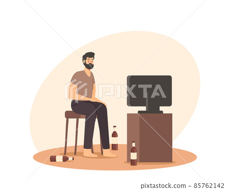 Laziness, Degradation, Unhealthy Lifestyle, Bad Habit Concept. Lazy Man Sit on Chair at Home with Empty Beer Bottles 85762142