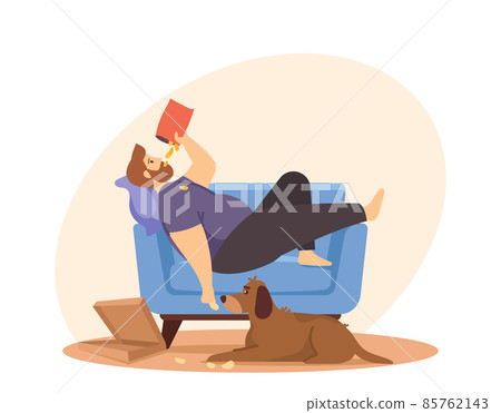 Physical Inactivity, Passive Lifestyle, Bad Habit. Sedentary Life Concept. Overweight Man Lying on Sofa Eating Chips 85762143