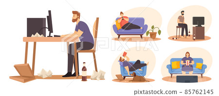 Set Sedentary Lifestyle. Lazy People Sitting on Sofa Eat Fast Food, Watch Tv. Fat Characters Bad Habits, Inactive Life 85762145
