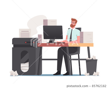 Deadline Concept. Office Man with Huge Heap of Documents and Paper Garbage on Desk. Employee Work in Very Busy Day 85762182
