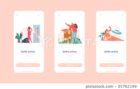 Set of Young People Taking Selfie Concept. Happy Male and Female Characters Shoot Photo during Summer Vacation on Beach, Training in Gym, Man with Cow, Couple at New House. Cartoon Vector Illustration 85762199