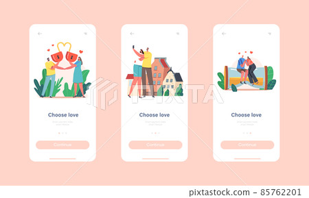 Choose Love Mobile App Page Onboard Screen Template. Loving Characters with Heart Lock, Sit on Huge Hourglass, Dating 85762201