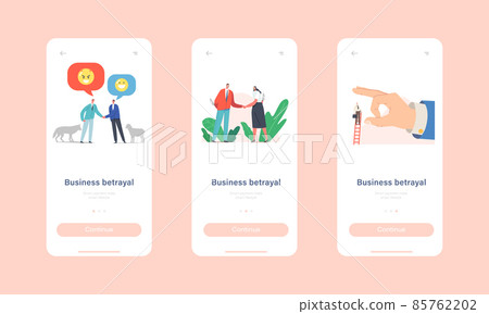 Business Betrayal Mobile App Page Onboard Screen Template. Characters with Knives Shake Hands, Sheep and Wolf Friendship 85762202
