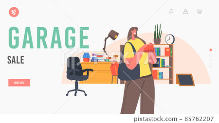 Garage Sale Landing Page Template. Female Character Visiting Antique Store or Flea Market with Various Vintage Things 85762207
