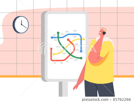 Male Character Speaking by Smartphone Stand at Metro Map in Subway Station. Man on Underground Platform Waiting Train 85762266