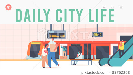 Daily City Life Landing Page Template. People at Subway Station, Characters at Public Metro with Train, Escalator 85762268