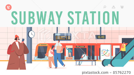 Subway Station Landing Page Template. People on Platform with Train, Escalator, Map and Digital Display. Public Metro 85762270