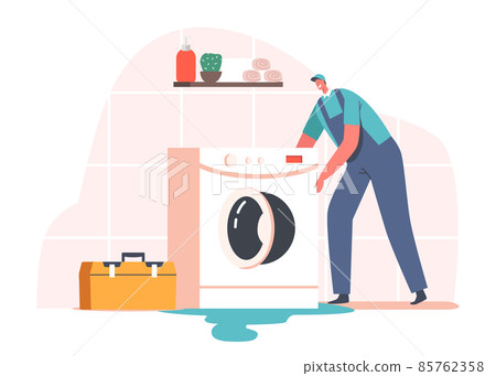 Plumber, Husband for an Hour Repair Service. Character in Uniform Work with Instruments Fixing Broken Washing Machine 85762358