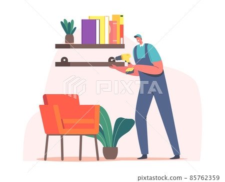 Furniture Assembly, Repair Service. Handyman Carpenter Worker Character with Screwdriver Tool Assembling Furniture 85762359