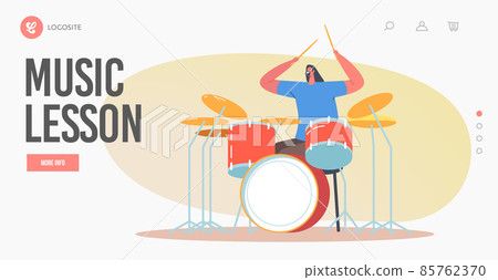 Music Lesson Landing Page Template. Education of Percussion Instrument. Drummer Playing Hard Rock with Sticks on Drum 85762370