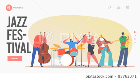 Jazz Festival Landing Page Template. Music Band on Stage Performing Concert. Artists Characters with Musical Instruments 85762371