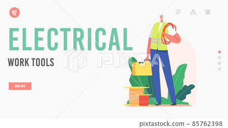 Electrical Work Tools Landing Page Template. Electrician Worker Character Wear Uniform and Hardhat Ready for Maintenance Electrical Work Tools Landing Page Template. Electrician Worker Character Wear Uniform and Hardhat Ready for Maintenance 85762398