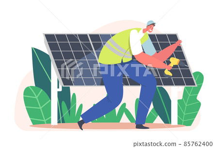 Electrician Worker Installing Solar Panels, Alternative Clean Energy Concept with Engineer Character with Instrument Electrician Worker Installing Solar Panels, Alternative Clean Energy Concept with Engineer Character with Instrument 85762400