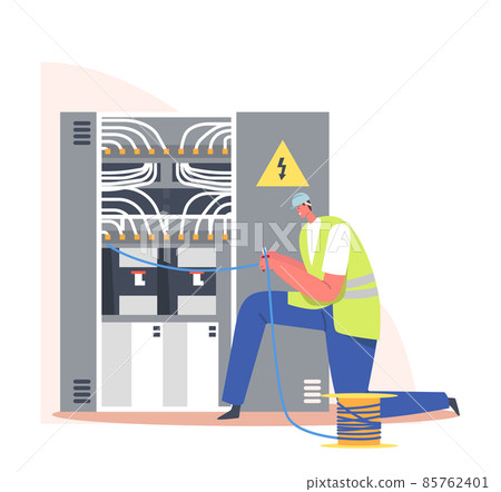 Electrician Cutting Wires at Dashboard. Fire, Energy and Electrical Safety Concept. Foreman in Robe Examine Fuse Box Electrician Cutting Wires at Dashboard. Fire, Energy and Electrical Safety Concept. Foreman in Robe Examine Fuse Box 85762401
