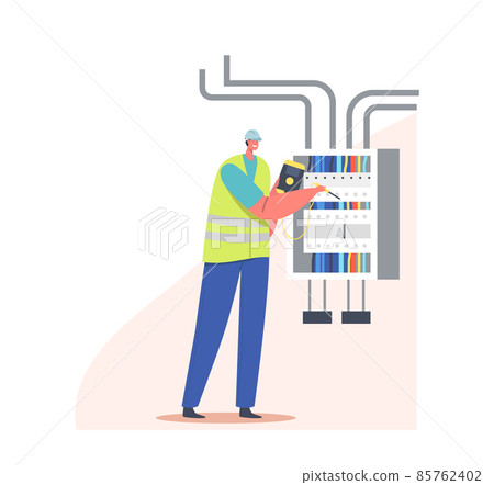 Electrician Worker Examine Working Draft or Measure Voltage at Dashboard. Fire, Energy and Electrical Safety Concept Electrician Worker Examine Working Draft or Measure Voltage at Dashboard. Fire, Energy and Electrical Safety Concept 85762402