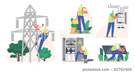 Set Electrical Utility Delivery of Energy to Consumer. Electrician Worker Install Solar Panels, Electricity Transmission Set Electrical Utility Delivery of Energy to Consumer. Electrician Worker Install Solar Panels, Electricity Transmission 85762404
