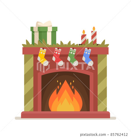 Christmas Burning Fireplace with Socks,... - Stock Illustration ...