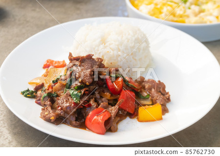 Thai street food, Thai basil beef with rice. 85762730