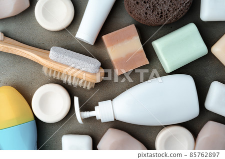 Soap bars on gray background flat lay Soap bars on gray background flat lay 85762897