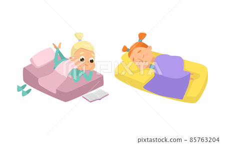 Little Girl Sleeping Sweetly on Soft Pillow Under Blanket in Bed and Reading Book Vector Set Little Girl Sleeping Sweetly on Soft Pillow Under Blanket in Bed and Reading Book Vector Set 85763204