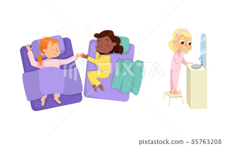 Little Girl Sleeping Sweetly on Soft Pillow Under Blanket in Her Bed and Brushing Teeth Vector Set Little Girl Sleeping Sweetly on Soft Pillow Under Blanket in Her Bed and Brushing Teeth Vector Set 85763208