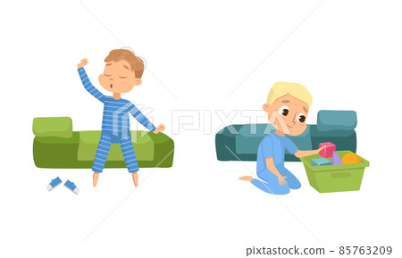 Little Boy Gathering Toys and Yawning Going to Bed Vector Set 85763209