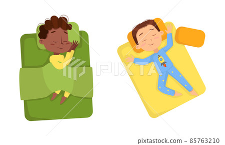 Little Boy Sleeping Sweetly on Soft Pillow Under Blanket in His Bed Vector Set Little Boy Sleeping Sweetly on Soft Pillow Under Blanket in His Bed Vector Set 85763210