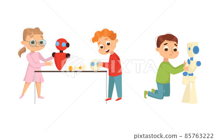 Cute Little Kid Programming and Creating Smart Robot Vector Set Cute Little Kid Programming and Creating Smart Robot Vector Set 85763222