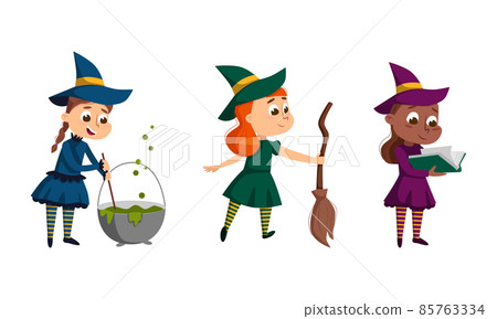 Happy Girl Witch in Dress and Pointed Hat Casting Spell Practising Witchcraft and Doing Magic Vector Set 85763334