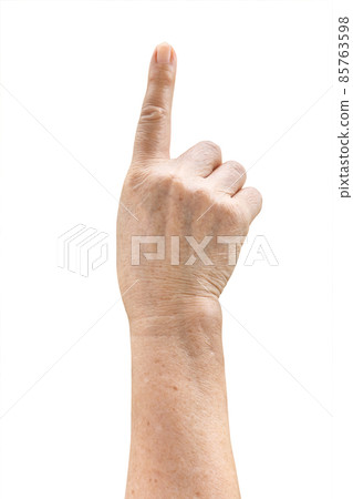 Ederly woman hand with wrinkled clearly visible veins pointing finger to top Old lady arms freckles Isolated with clipping path is on white background 85763598