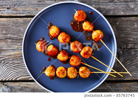 Luk Chin Ping, thai meatball skewers, top view 85763745