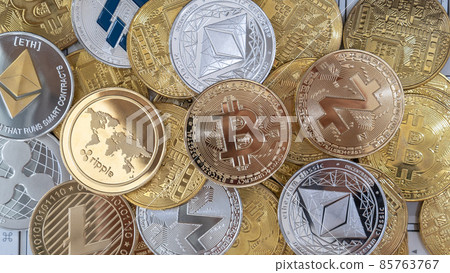 Cryptocurrency Bitcoin BTC with altcoin digital coin crypto currency, ETH Ethereum, ADA, XRP Ripple, LTC Litecoin, IOTA Miota, ZEC Zcash, XMR Monero, GASH, defi p2p decentralized financial tech market 85763767