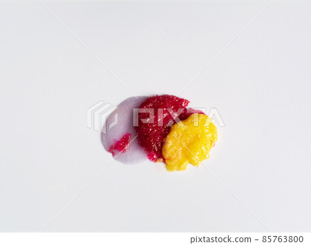 Set multicolored smears of scrub on white background. Cosmetic product. Cleansing and exfoliating your skin. Copy space Set multicolored smears of scrub on white background. Cosmetic product. Cleansing and exfoliating your skin. Copy space 85763800