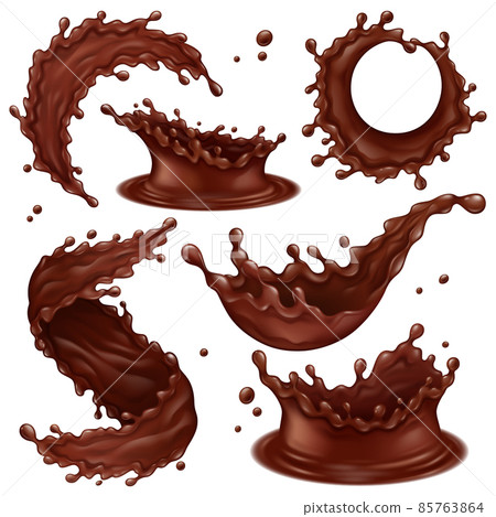 Realistic chocolate splashes, liquid hot chocolate swirls and drops. Dripping dark chocolate splashes vector illustration set. Delicious chocolate elements Realistic chocolate splashes, liquid hot chocolate swirls and drops. Dripping dark chocolate splashes vector illustration set. Delicious chocolate elements 85763864