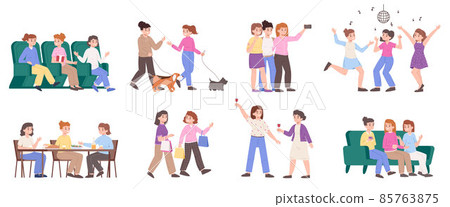 Girlfriends spend time together, female friendship entertainment. Women friends chatting, shopping and dancing vector illustration set. Girlfriends gathering together 85763875