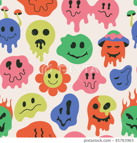 Melting smiling faces, dripping groovy retro seamless pattern. Retro dripping doodle smile face vector background illustration. Psychedelic groovy smile emoji pattern Melting smiling faces, dripping groovy retro seamless pattern. Retro dripping doodle smile face vector background illustration. Psychedelic groovy smile emoji pattern 85763963