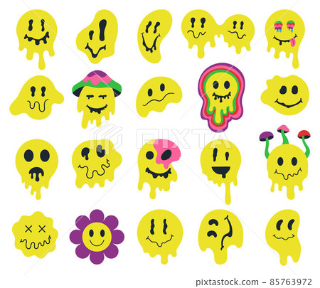 Melting psychedelic smiling faces, dripping groovy characters. Crazy graffiti smile emoji, facial expressions mascots vector illustration set. Dripping smiling emoji faces 85763972