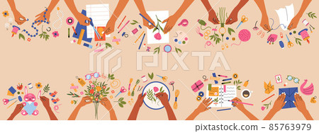 Creative workshop crafts, handmade hobbies and arts. Handmade crafts workshops, scrapbooking, origami and sewing vector illustration set. Female hands create crafts 85763979