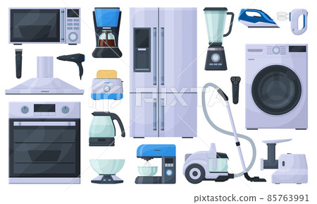 Household appliances, refrigerator, vacuum cleaner and microwave oven. Cooking and cleaning tools, washing machine, and blender vector illustration set 85763991