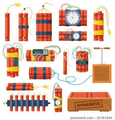 Dynamite sticks, explosive bombs with timer clock detonator. Explosive dangerous bombs and dynamite checkers vector illustration set. Pyrotechnics elements 85763994