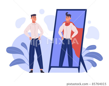 Man see super hero reflection in mirror, ambition and self confident concept. Dreamy person, self motivation, self esteem human vector illustration. Ambitious male character 85764015