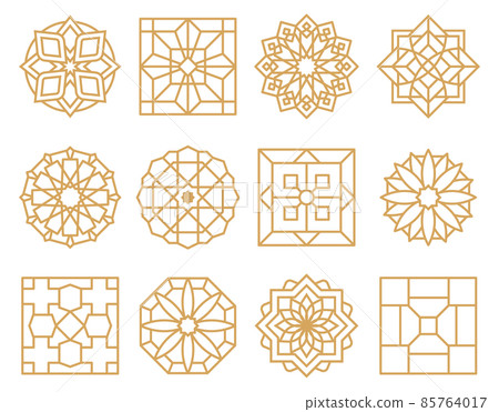 Abstract oriental muslim arabic golden framed emblems. Traditional ornamental arabic luxury frames vector illustration set. Oriental style gold outline rosettes Abstract oriental muslim arabic golden framed emblems. Traditional ornamental arabic luxury frames vector illustration set. Oriental style gold outline rosettes 85764017