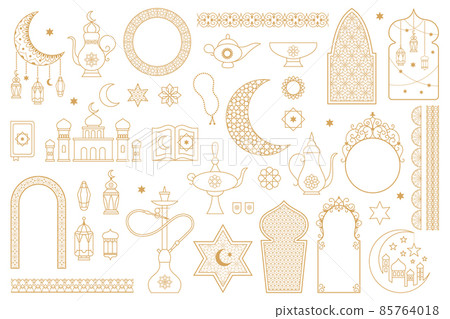 Arabic oriental muslim golden floral outline symbols. Lanterns, moon, hookah, mosque, arabic decorative frames vector illustration set. Islamic abstract elements 85764018