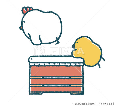 Loose chickens and chicks jump in the vaulting box 85764431