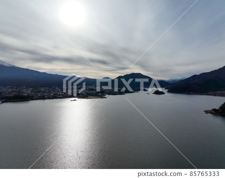 Around Mt. Fuji seen from Lake Kawaguchi Yamanashi drone aerial view Around Mt. Fuji seen from Lake Kawaguchi Yamanashi drone aerial view 85765333