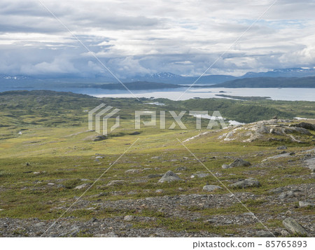 Lapland landscape at Virihaure lake with winding river, green mountains, birch trees and plain with big boulders. Sweden summer cloudy day, wild nature, Padjelantaleden hiking trail. 85765893