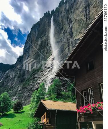 Lauterbrunnen valley, waterfall and mountains Swiss Alps Lauterbrunnen valley, waterfall and mountains Swiss Alps 85766150
