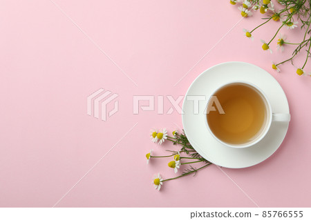 Cup of chamomile tea on pink background Cup of chamomile tea on pink background 85766555